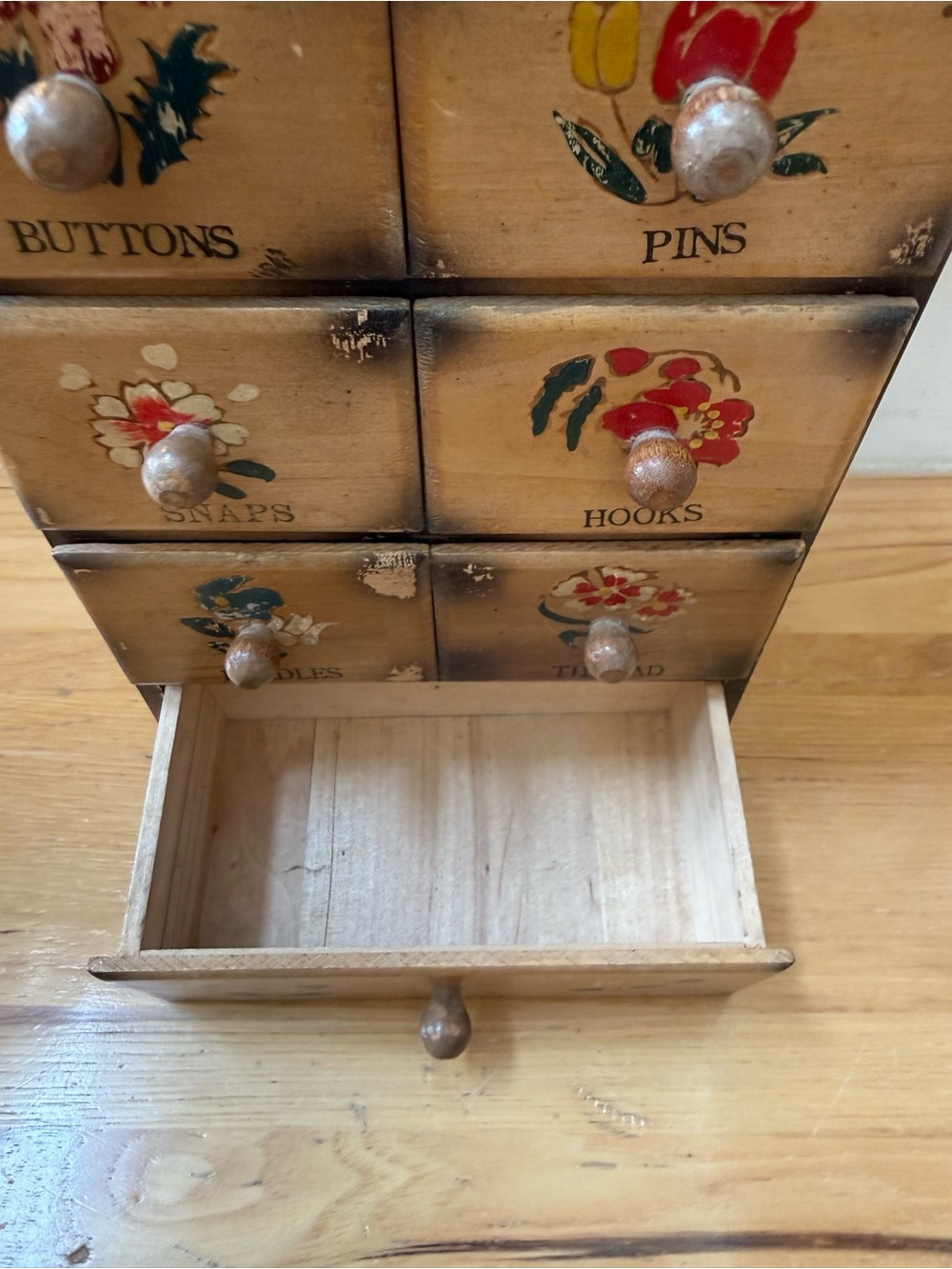 Hand-Painted Yellow Sewing Storage Organizer with Floral Drawers - Picture 5 of 9